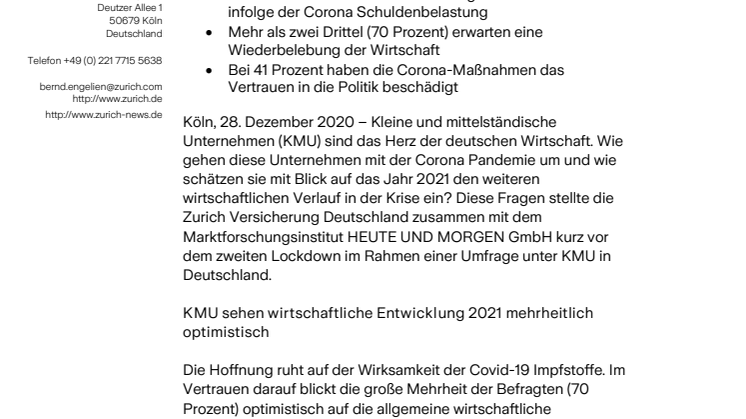 KMU-Sonderumfrage: Unternehmer fürchten 2021 höhere Abgaben und Steuern infolge der Corona Schuldenbelastung