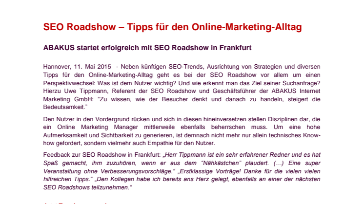 SEO Roadshow – Tipps für den Online-Marketing-Alltag