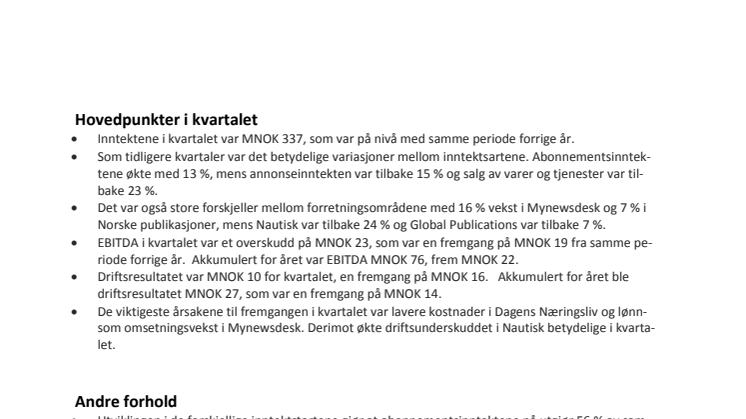 NHST Media Group - Kvartalsrapport 4. kvartal 2016
