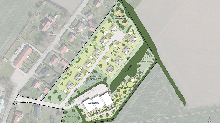 Illustrationsplan över området. Villorna placeras enligt förslaget närmast den befintliga bebyggelsen och LSS-boendet i söder. Bild: Liljewall arkitekter