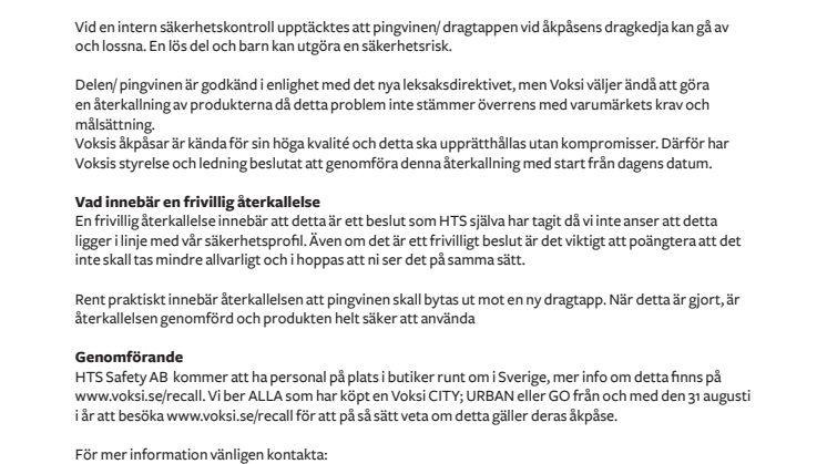 Frivillig återkallelse av Voksi URBAN, CITY och GO 2012 års produktion