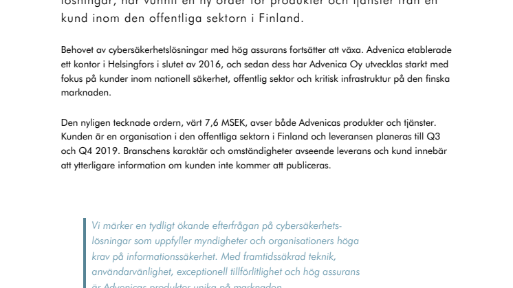 Ny order värd 7,6 MSEK för Advenica i Finland