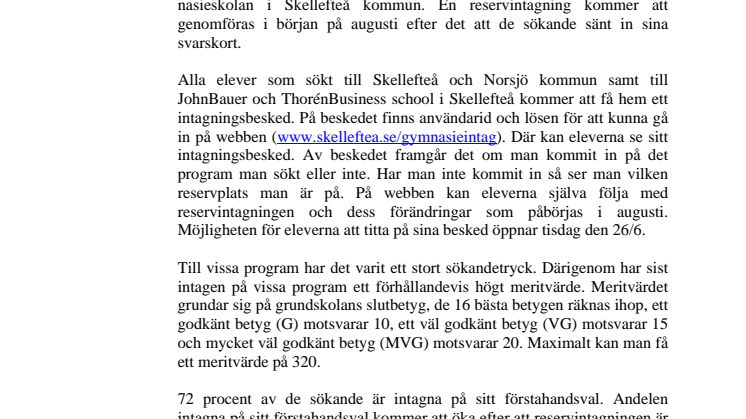Slutliga intagningen till gymnasieskolan i Skellefteå kommun