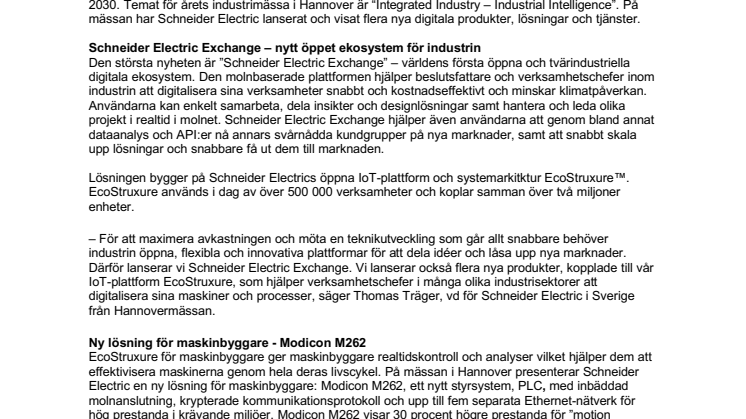 Schneider Electric presenterar världens första öppna tvärindustriella digitala ekosystem