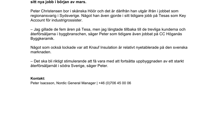 Knauf Insulation rekryterar ny regionansvarig för södra Sverige