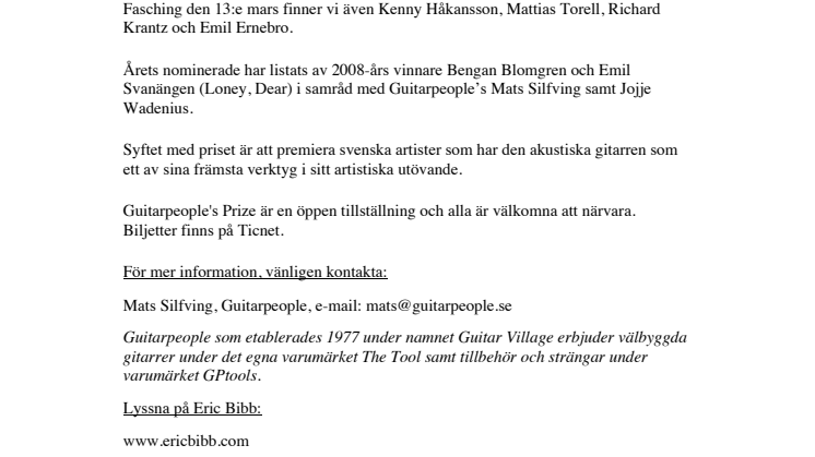 Eric Bibb vinnare av Guitarpeople’s Prize vandringspris  
