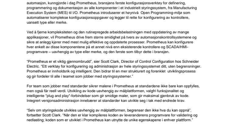 Schneider Electric redefinerer bransjen for industriell styringsteknikk med lanseringen av Prometheus