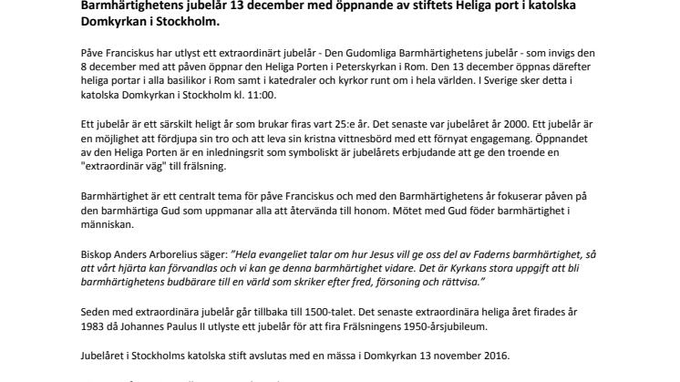 Invigning av Barmhärtighetens år i Stockholms katolska stift 13 december