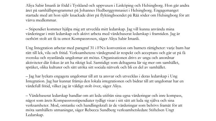 Helsingborgs Aliya Sabir Imanli får Kompassrosen för integration av unga 