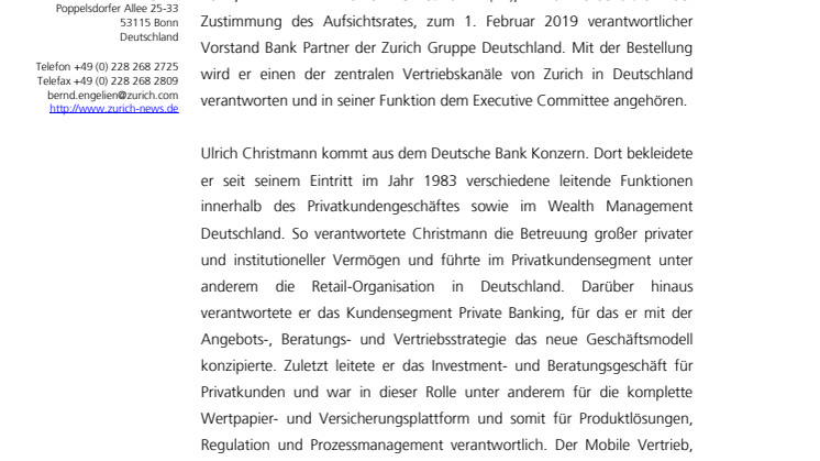 Zurich: Ulrich Christmann wird neuer Vorstand Bank Partner