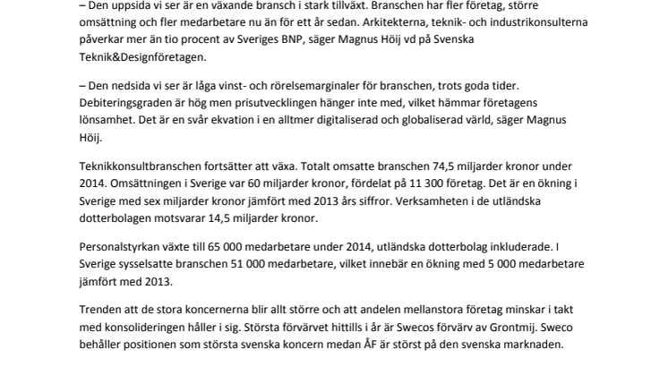 Branschkommunikén 2015: Stark tillväxt i teknikkonsultbranschen men ansträngd lönsamhet