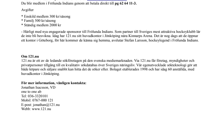 121.nu ingår partneravtal med Frölunda Hockey Club.