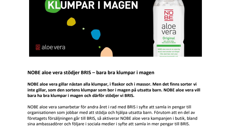 NOBE aloe vera stödjer BRIS – bara bra klumpar i magen 