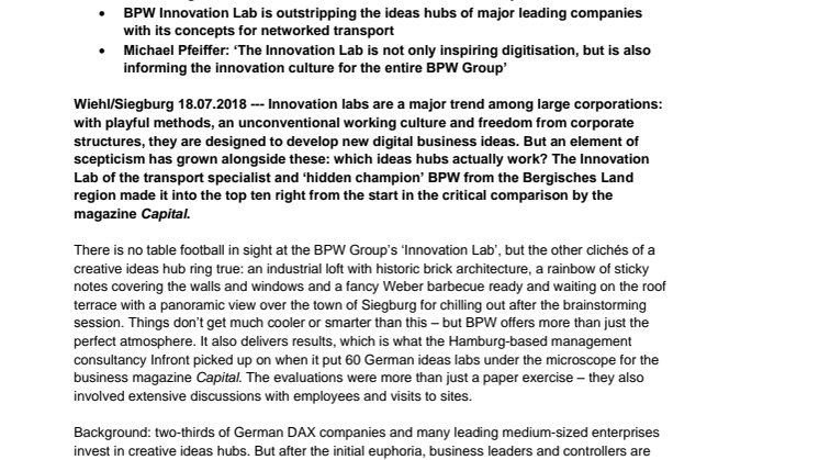 Germany’s best ideas hubs: BPW Innovation Lab in the top ten 