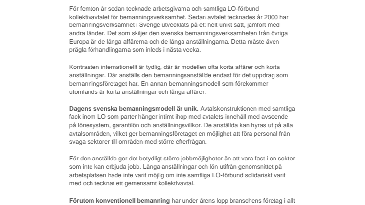 Debatt: Gemensamt avtal grunden för bemanningsbranschen
