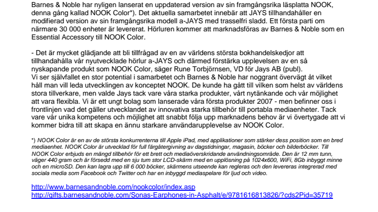 Svenska JAYS får stororder av USA´s största bokhandelskedja Barnes & Noble