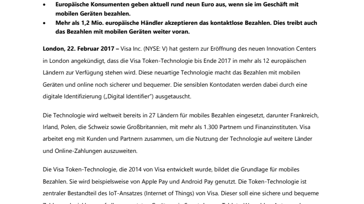 Visa Technologie bringt mobiles Bezahlen bis Ende 2017 in mehr als 12 europäische Länder