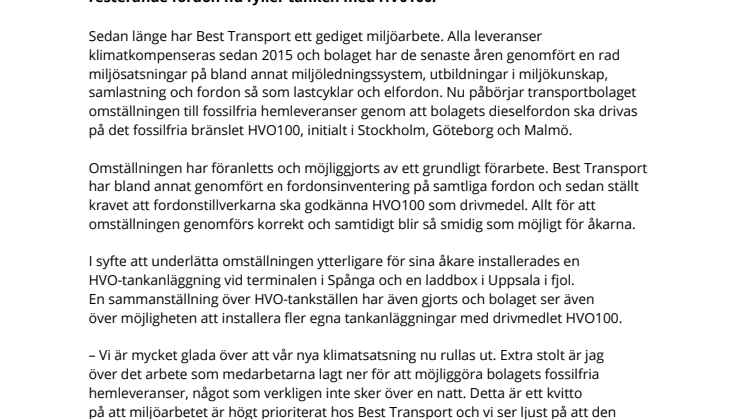 Best Transport lanserar fossilfria hemleveranser