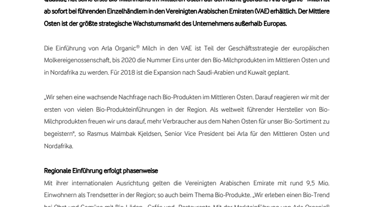 Arla Foods bringt Bio-Milchmarke im Mittleren Osten auf den Markt 