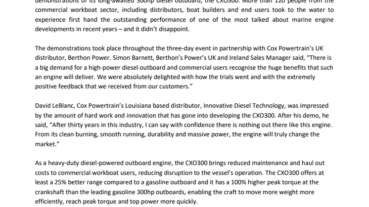  Seawork International: Cox Diesel Outboard Performance Wins Industry Seal of Approval 