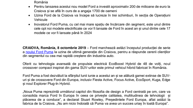 Ford lansează astăzi la Craiova producția noului Puma, primul vehicul hibrid construit în România