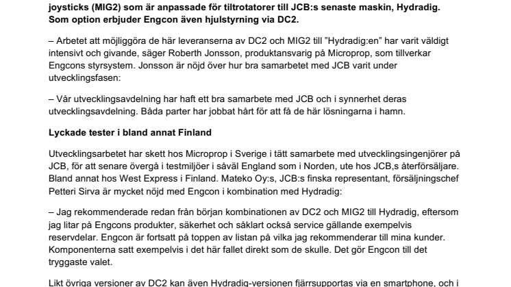Engcon är först med proportionellt styrsystem med simultan styrning av alla tiltrotatorfunktioner till nya JCB Hydradig