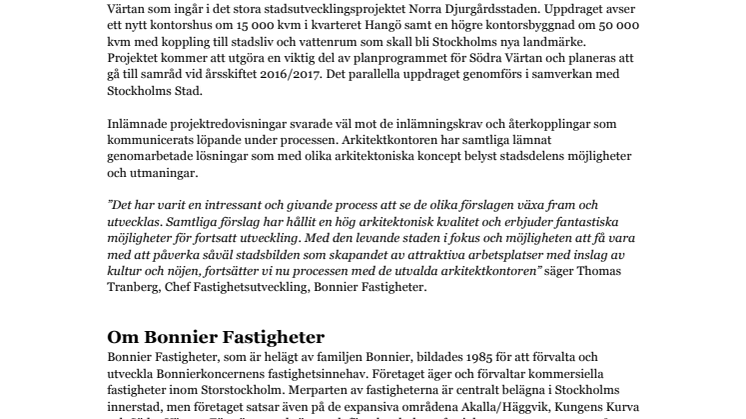 Bonnier Fastigheter väljer arkitekter i Södra Värtan. 
