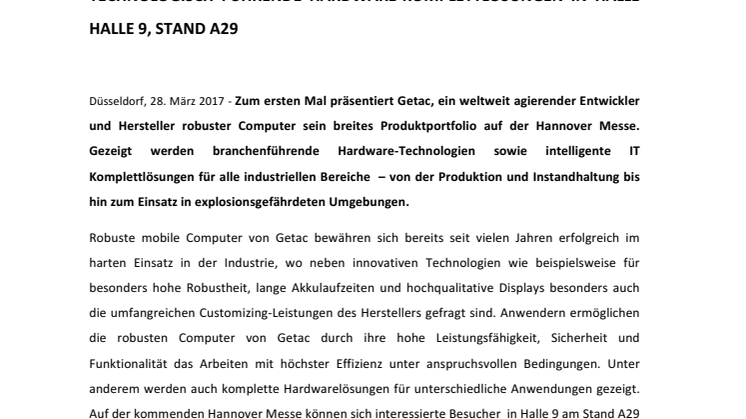 ​GETAC ZEIGT ROBUSTE COMPUTER FÜR DIE INDUSTRIE AUF DER HANNOVER MESSE 2017
