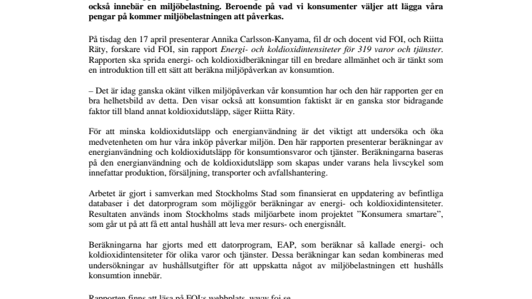 Rapport om konsumtion, energianvändning och koldioxidutsläpp