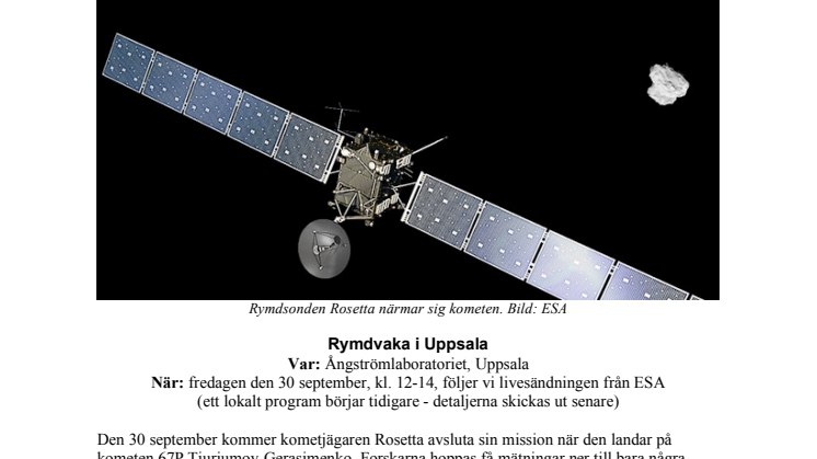 Närkontakt med en komet den 30 september - rymdsonden Rosetta avslutar sin mission
