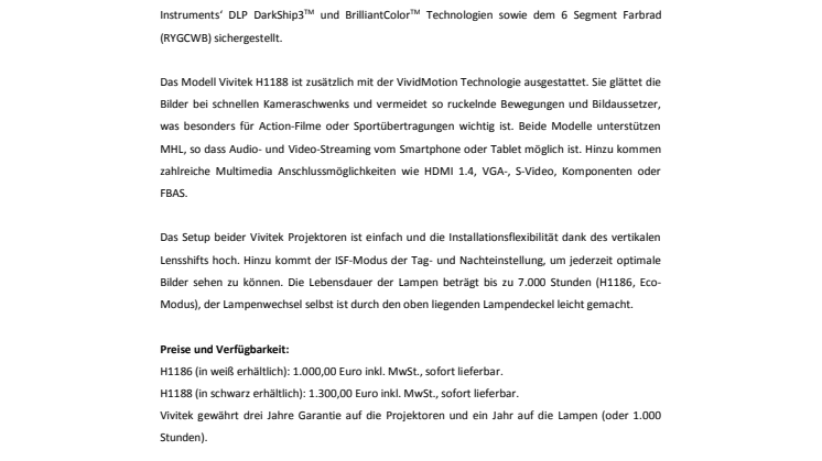 VIVITEK SORGT FÜR DAS PERFEKTE KINOERLEBNIS IM WOHNZIMMER