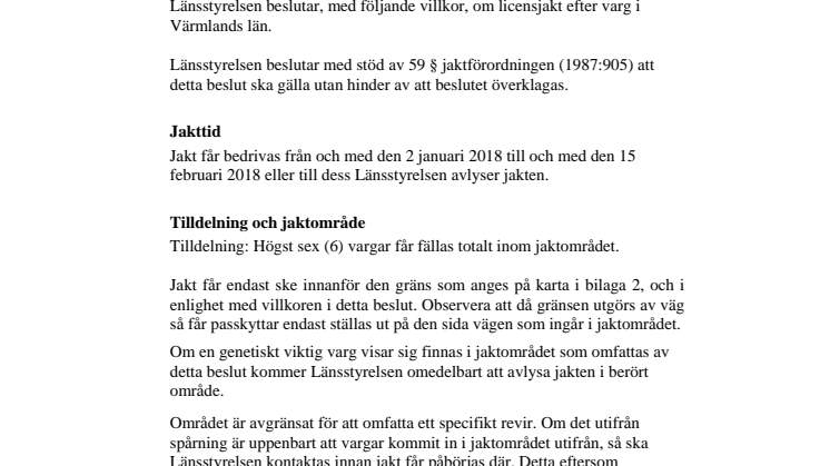 Beslut om licensjakt efter varg i Värmlands län 2018
