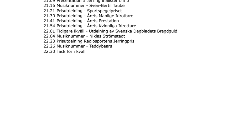 Körschema TV sändning Svenska Idrottsgalan 2016