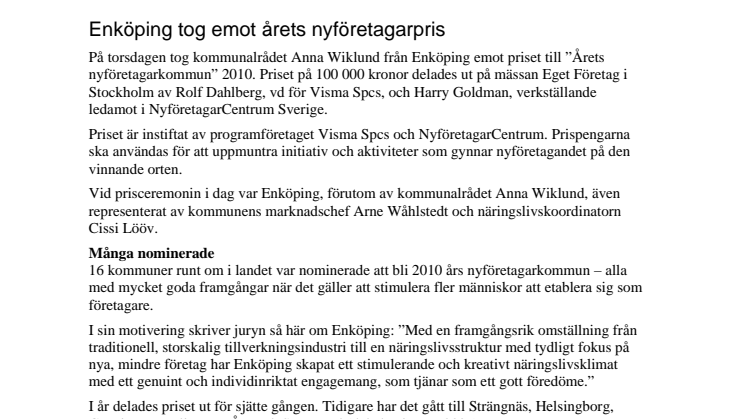 Enköping tog emot årets nyföretagarpris