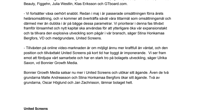Bonnier Growth Media utökar sin investering i United Screens