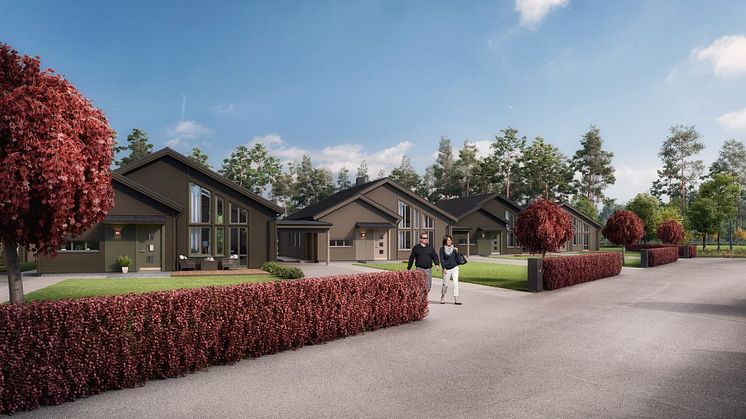 Kv Hällmarken - 3D-bild av gatan och kedjehusen i 1-plan