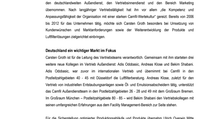 Frischer Wind bei Camfil | Carsten Groth ist neuer Vertriebs- und Marketingleiter