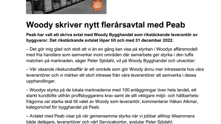 Woody skriver nytt flerårsavtal med Peab