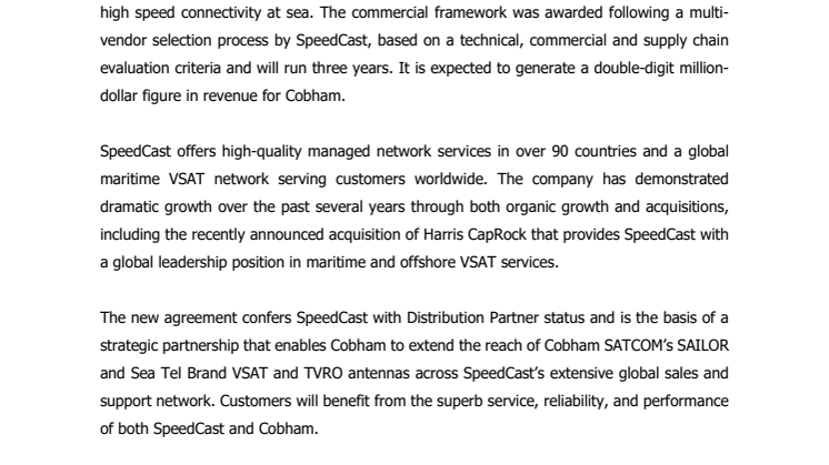 Cobham SATCOM: Cobham and SpeedCast Forge Strategic Partnership to Grow Maritime Broadband