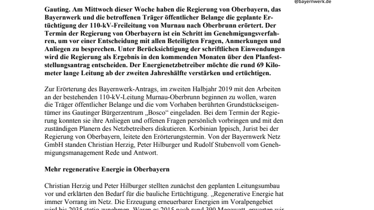 Bayernwerk nimmt Stellung zu Leitungsbau-Plänen