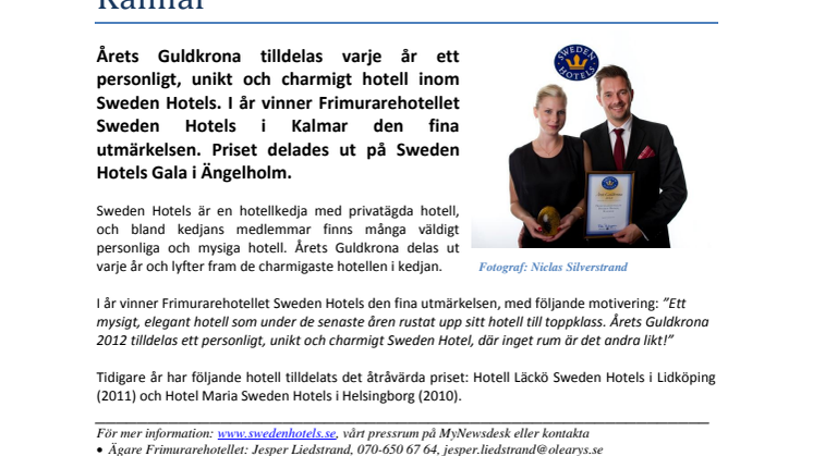 Årets Guldkrona tilldelas Frimurarehotellet Sweden Hotels i Kalmar