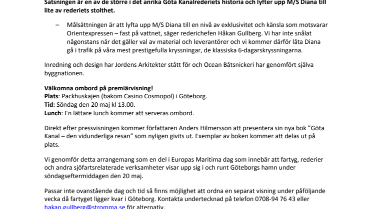 Pressinbjudan: Visning av nyrenoverade Göta Kanalbåten M/S Diana