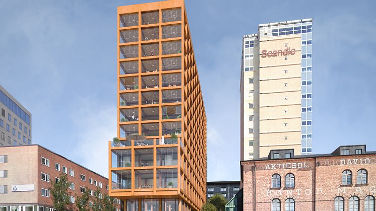 Illustrationen visar en möjlig utformning av den nya byggnaden, vy från älven. Illustration Sandell Sandberg. 