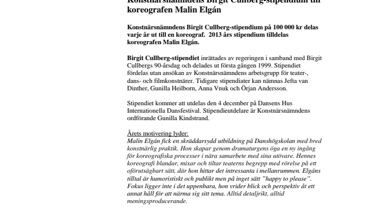 Konstnärsnämndens Birgit Cullberg-stipendium till koreografen Malin Elgán