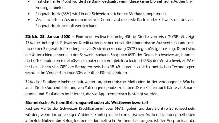 Visa Studie: Biometrische Authentifizierungsmethoden werden bei Schweizer Karteninhabern immer beliebter
