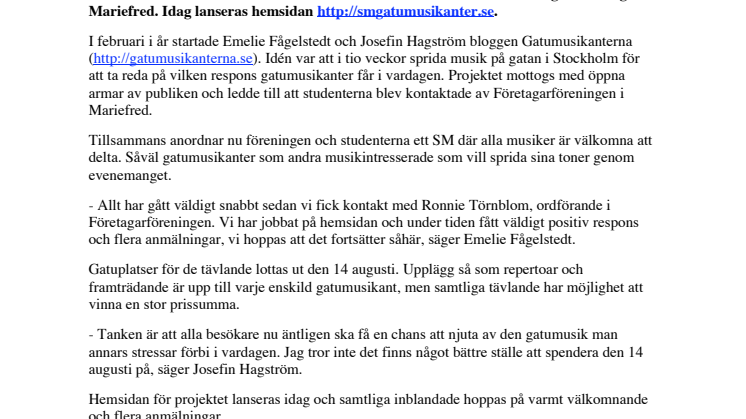 UNGA ENTREPRENÖRER STARTAR SM FÖR GATUMUSIKANTER I MARIEFRED 