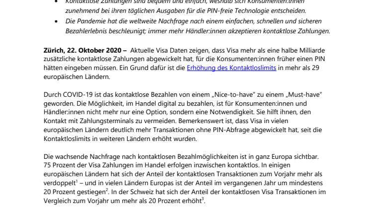 500 Millionen zusätzliche kontaktlose Visa Transaktionen nach Erhöhungen der Kontaktloslimits in Europa