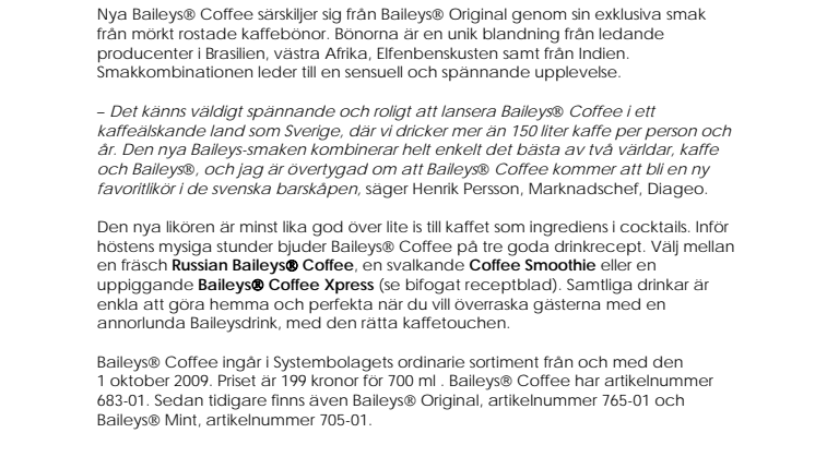 Baileys Coffee - Ny på Systembolaget