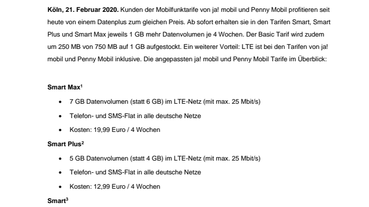 Datenaufwertung für die Mobilfunktarife von ja! mobil und Penny Mobil