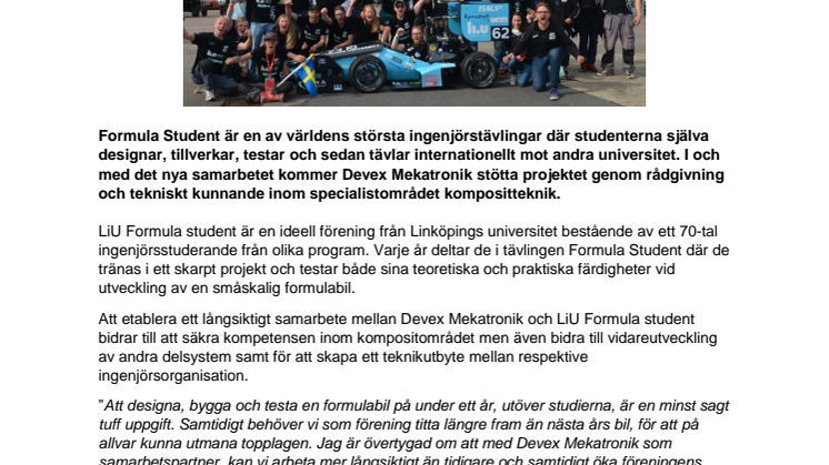 Devex Mekatronik samarbetar med LiU Formula Student